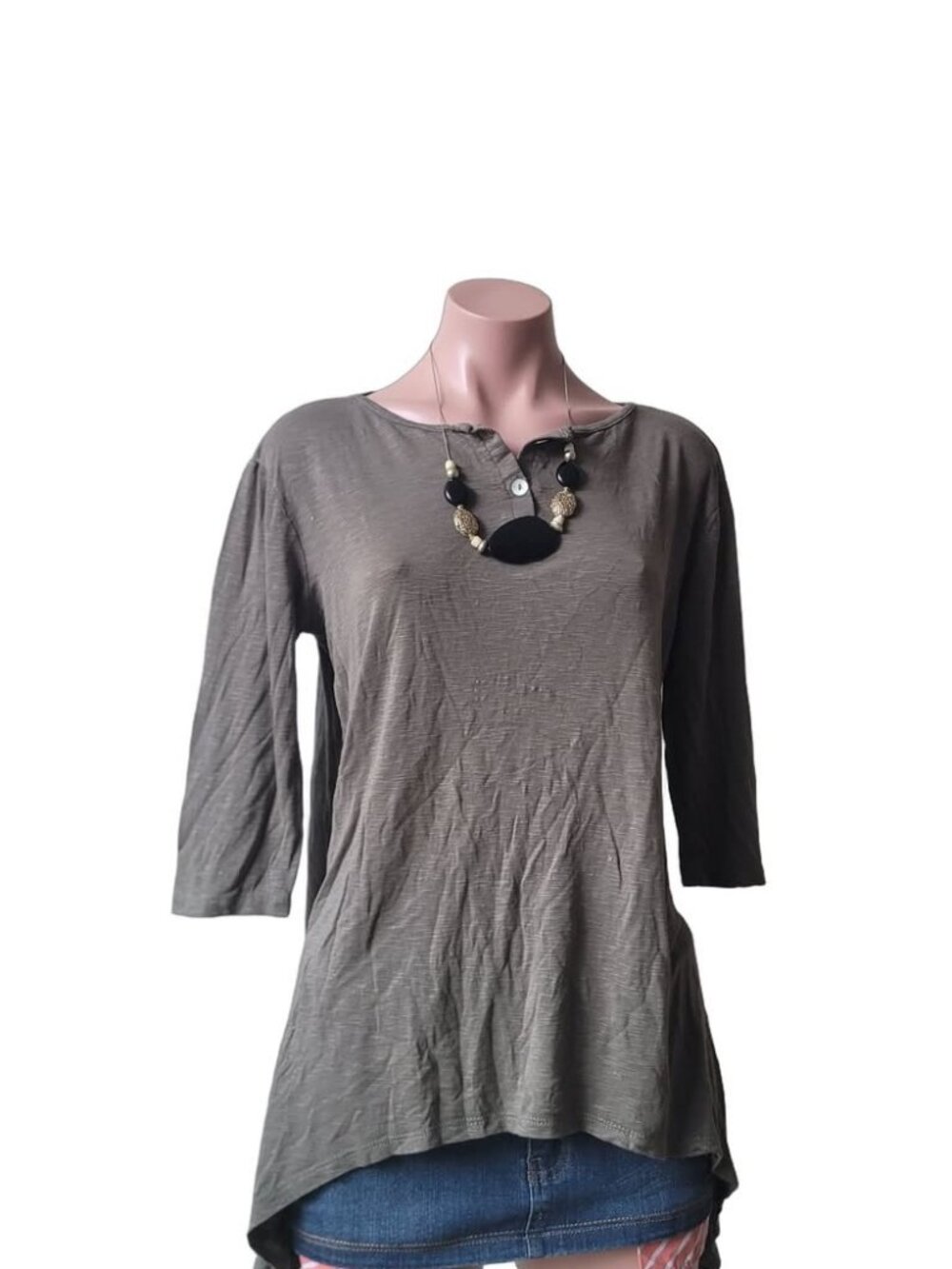 Paolino Green Henley Neck 3/4 Sleeve Loose Fit Top Retro (L)